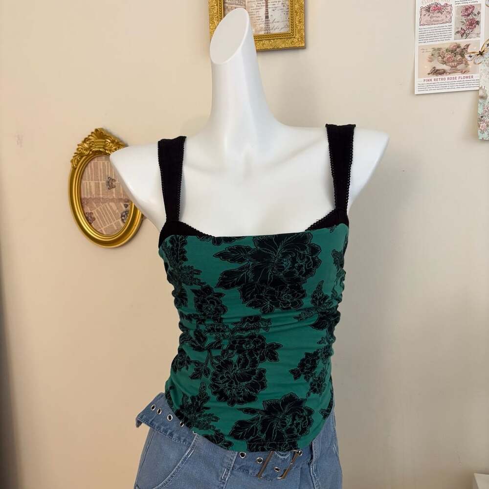 Free People Camisole Size XS Green Black Floral Print Tank Top